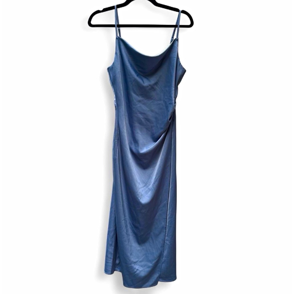 Lulus Blue Satin Cowl Neck Ruched Slip Midi Dress Women's Size S Polyester